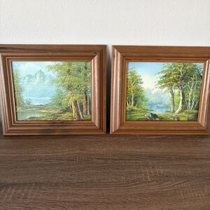 Vintage Oil Painting Pair Signed Barry Framed Landscape Lake Cabin Trees Decor